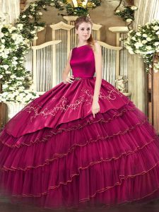 Dazzling Fuchsia Ball Gowns Organza Scoop Sleeveless Embroidery and Ruffled Layers Floor Length Clasp Handle Sweet 16 Quinceanera Dress
