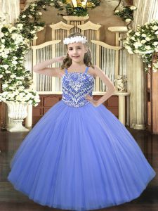 Perfect Blue Ball Gowns Tulle Straps Sleeveless Beading Floor Length Lace Up Little Girls Pageant Dress