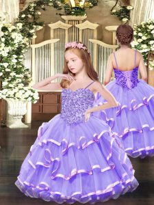Lavender Spaghetti Straps Lace Up Appliques and Ruffled Layers Pageant Dresses Sleeveless