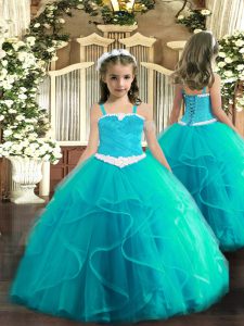 Aqua Blue Tulle Lace Up Straps Sleeveless Floor Length Pageant Dress Womens Appliques and Ruffles