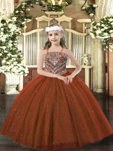 Floor Length Rust Red Pageant Dress for Teens Tulle Sleeveless Beading