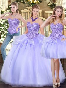 Traditional Lavender Three Pieces Sweetheart Sleeveless Organza Floor Length Zipper Appliques and Ruffles Sweet 16 Dresses