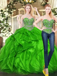 Smart Green Sleeveless Floor Length Beading and Ruffles Lace Up Quince Ball Gowns