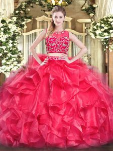 Trendy Sleeveless Tulle Floor Length Zipper Quince Ball Gowns in Red with Beading and Ruffles