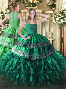 Luxury Turquoise Sleeveless Appliques and Ruffles Floor Length Quinceanera Gowns