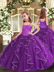 Dazzling Purple Organza Lace Up Straps Sleeveless Floor Length Girls Pageant Dresses Beading and Ruffles