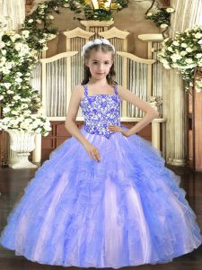 Floor Length Lace Up Pageant Dress Light Blue for Party and Sweet 16 and Quinceanera and Wedding Party with Beading and Ruffles