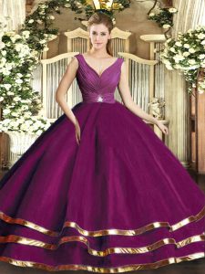 Floor Length Fuchsia 15th Birthday Dress Tulle Sleeveless Beading and Ruffled Layers and Ruching