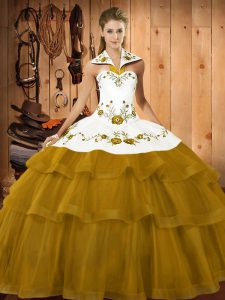 Olive Green Lace Up Quinceanera Dresses Embroidery and Ruffled Layers Sleeveless Brush Train