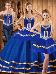 Blue Satin and Tulle Lace Up Sweetheart Sleeveless Floor Length Quinceanera Dress Embroidery