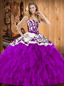Best Eggplant Purple Ball Gowns Sweetheart Sleeveless Satin and Organza Floor Length Lace Up Embroidery and Ruffles 15 Quinceanera Dress