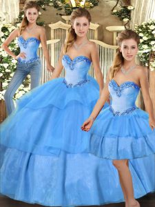 Sleeveless Floor Length Beading and Ruffled Layers Lace Up Quinceanera Dress with Baby Blue