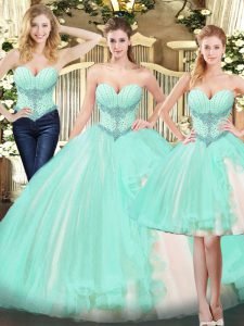 Apple Green Organza Lace Up Quinceanera Gown Sleeveless Floor Length Beading and Ruffles