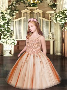 Sleeveless Lace Up Floor Length Appliques Pageant Dress for Girls