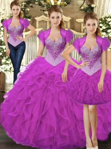 Fantastic Fuchsia Straps Lace Up Beading and Ruffles Sweet 16 Dress Sleeveless