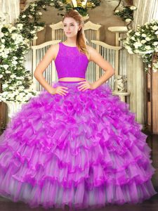 Luxury Fuchsia Two Pieces Tulle Scoop Sleeveless Ruffled Layers Floor Length Zipper Vestidos de Quinceanera