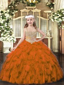 Best Sleeveless Floor Length Beading and Ruffles Lace Up Pageant Dress for Girls with Brown