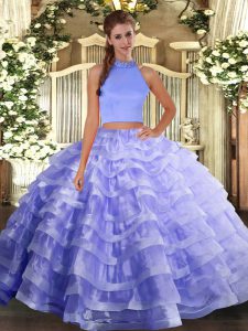 Sleeveless Floor Length Beading and Ruffled Layers Backless Quinceanera Gowns with Lavender