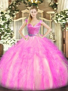 V-neck Sleeveless Zipper Quinceanera Dresses Rose Pink Tulle