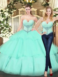 Apple Green Sleeveless Floor Length Beading and Ruffled Layers Lace Up 15th Birthday Dress
