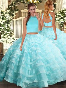 Aqua Blue Sleeveless Organza Backless Ball Gown Prom Dress for Military Ball and Sweet 16 and Quinceanera