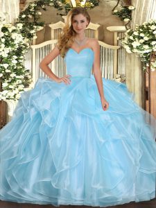 Exceptional Aqua Blue Ball Gowns Organza Sweetheart Sleeveless Ruffles Floor Length Lace Up 15 Quinceanera Dress