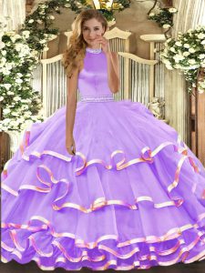 Affordable Ball Gowns 15 Quinceanera Dress Lavender Halter Top Organza Sleeveless Floor Length Backless