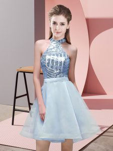 Luxurious Sleeveless Mini Length Sequins Backless Quinceanera Court Dresses with Light Blue