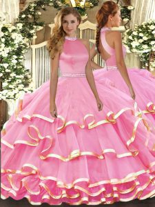 Wonderful Watermelon Red Backless Halter Top Beading and Ruffled Layers Sweet 16 Dress Organza Sleeveless