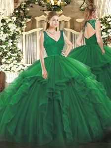 High Quality Dark Green Ball Gowns V-neck Sleeveless Organza Floor Length Backless Beading and Lace and Ruffles Quinceanera Dress