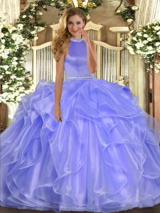 Lavender Organza Backless Halter Top Sleeveless Floor Length 15 Quinceanera Dress Beading and Ruffles