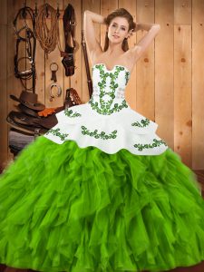 Glorious Sleeveless Satin and Organza Floor Length Lace Up 15th Birthday Dress in with Embroidery and Ruffles
