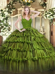 Best Olive Green Zipper Vestidos de Quinceanera Beading and Ruffled Layers Sleeveless Floor Length