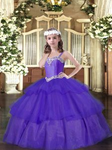 Purple Ball Gowns Organza Straps Sleeveless Beading and Ruffled Layers Floor Length Lace Up Pageant Dresses
