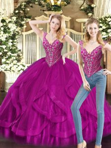 Exceptional Fuchsia Ball Gowns Organza V-neck Sleeveless Beading and Ruffles Floor Length Lace Up Sweet 16 Dress