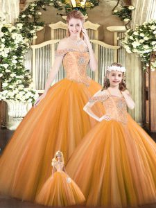 Elegant Orange Ball Gowns Beading Sweet 16 Dresses Lace Up Tulle Sleeveless Floor Length