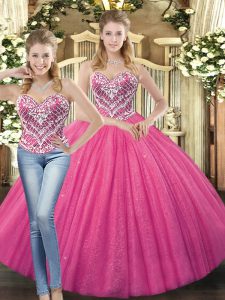 Hot Pink Tulle Lace Up Sweetheart Sleeveless Floor Length Quinceanera Gown Beading