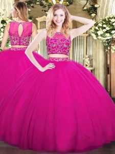 Fuchsia Quince Ball Gowns Military Ball and Sweet 16 and Quinceanera with Beading High-neck Sleeveless Zipper