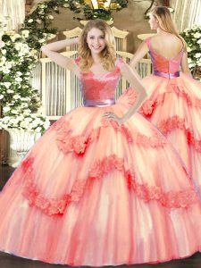 Beading and Appliques Vestidos de Quinceanera Watermelon Red Zipper Sleeveless Floor Length
