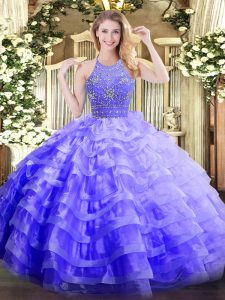Organza Halter Top Sleeveless Zipper Beading and Ruffled Layers 15 Quinceanera Dress in Lavender