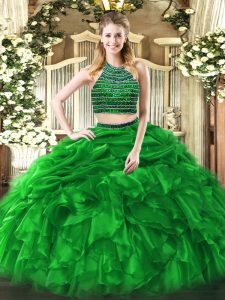 Fashionable Sleeveless Floor Length Beading and Ruffles Zipper Ball Gown Prom Dress with Green