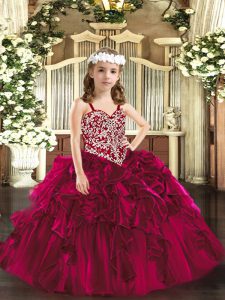 Fuchsia Pageant Dress Toddler Party and Quinceanera with Beading and Ruffles Straps Sleeveless Lace Up