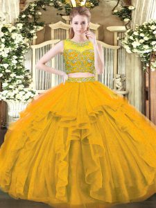 Trendy Gold Two Pieces Scoop Sleeveless Tulle Floor Length Zipper Beading and Ruffles Vestidos de Quinceanera