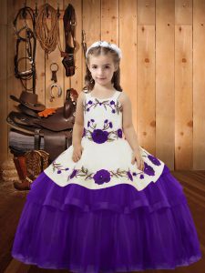 Latest Floor Length Eggplant Purple Girls Pageant Dresses Organza Sleeveless Embroidery and Ruffled Layers