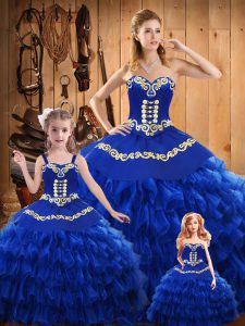 Eye-catching Sweetheart Sleeveless Lace Up Vestidos de Quinceanera Blue Satin and Organza