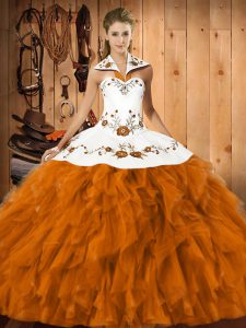 Fitting Ball Gowns Quinceanera Gowns Orange Red Halter Top Satin and Organza Sleeveless Floor Length Lace Up