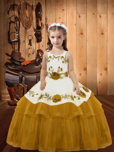 Organza Straps Sleeveless Lace Up Embroidery and Ruffled Layers Child Pageant Dress in Gold