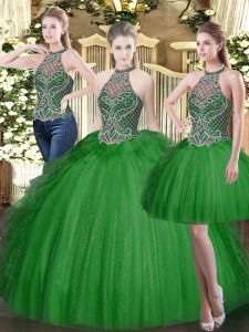 High Class Dark Green Sleeveless Beading and Ruffles Floor Length 15 Quinceanera Dress