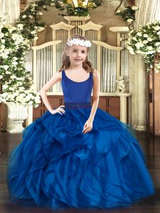 Perfect Blue Ball Gowns Beading and Ruffles High School Pageant Dress Zipper Organza Sleeveless Floor Length