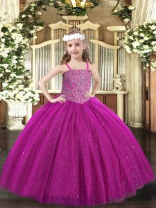 Customized Floor Length Fuchsia Little Girls Pageant Dress Wholesale Tulle Sleeveless Beading